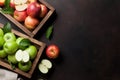 Green and red apples in wooden box Royalty Free Stock Photo