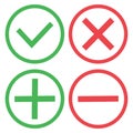 Green and red buttons. Green check mark and red cross. Green plus and red minus. Vector