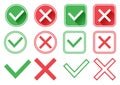 Green and red buttons. Green check mark and red cross. Right and wrong. Vector illustration