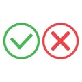 Green and red buttons. Green check mark and red cross. Right and wrong. Vector