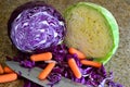Green and Red Cabbage coarsely chopped baby carrots