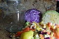 Green and Red Cabbage coarsely chopped baby carrots sliced, chopped apple and pear, gallon jar Royalty Free Stock Photo