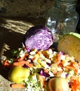 Green and Red Cabbage coarsely chopped baby carrots sliced, chopped apple and pear, gallon jar shadows Royalty Free Stock Photo