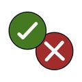 Green and red check mark icon. checkmarks flat line icons set. Vector illustration on white.