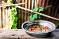 Green and red chili peppers cut into pieces put in the pure water. Royalty Free Stock Photo