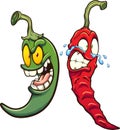 Green and red chili peppers smiling and crying.