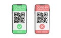 Green and red COVID vaccination certificate - qr code and check mark on mobile phone screen 3d render
