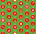 Green red craft Christmas seamless wrapping paper with paper cutting angels, bunny, jingle bell, gift, reindeer, gingerbread, cand