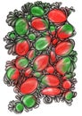 Green red gemstones, watercolor illustration with color oval gems and gray curls