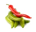 Green and red hot chili peppers close up on white Royalty Free Stock Photo