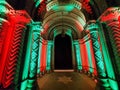 Green and red lights decoration in front of the Grand Lodge of Pennsylvania entrance in Philadelphia