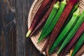 Green and red okra or ladies fingers in basket Royalty Free Stock Photo