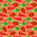 Green and red paprika, slices. Vector illustration of vegetables in cartoon simple flat style. Seamless pattern texture design Royalty Free Stock Photo