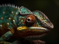 close up of a green red pigmented chameleon