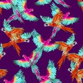 Green and red Scarlet macaw flying, seamless pattern design purple background Royalty Free Stock Photo