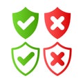 Green and red shield checkmark, cross, approved, rejected, yes, no. Set of red and green crosses and checkmarks Button for