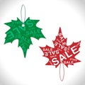 Green and red stickers with seasonal sales in the form of colorful maple leaves, the concept of seasonal discounts and doing Royalty Free Stock Photo