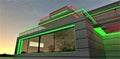 Green and red stripe as a night decor of the awesome middle class suburban building. Fully metal facade. Looks nice with big