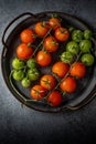 Green and red tomatoes in metal bowl. Royalty Free Stock Photo