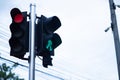 Green and red traffic lights for pedestrians Stop to allow pedestrians to cross the street. On a white sky background Royalty Free Stock Photo