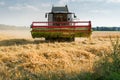 green red working harvesting combine in a field of wheat in front of a blue cloudy sky Royalty Free Stock Photo