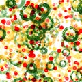 Green, red and yellow abstract cirlces in a white background. Seamless pattern
