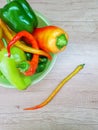 Green, red, yellow bell pepper in a plate on the kitchen work surface Royalty Free Stock Photo