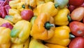 red yellow and green colored peppers for sale in market Royalty Free Stock Photo