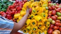 red yellow and green colored peppers for sale in market Royalty Free Stock Photo