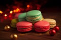 Green, red and yellow French macaron sweets.