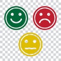 Green, red and yellow smileys emoticons icon on transparent background. Positive, negative and neutral, different mood. Vector