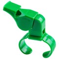 Green referee`s whistle on the finger, close up, on a white background Royalty Free Stock Photo