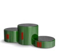 Green reflective cylindrical sports victory podium with red Roman numerals