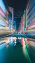 Green reflective surface dominates bustling urban night scene, blurred neon lights abound