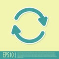 Green Refresh icon isolated on yellow background. Reload symbol. Rotation arrows in a circle sign. Vector Illustration
