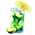 Green refreshing cold cocktail with lime, isolated, watercolor illustration
