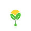 Green renewable energy logo, leafs, sun with cable with plug, charging eco power icon, vector illustration design template Royalty Free Stock Photo