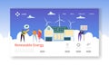 Green Renewable Solar and Wind Energy Landing Page. Eco House Concept with Happy People Buying Windmill Electric Power