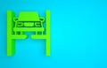 Green Repair car on lift icon isolated on blue background. Repair of the underbody, suspension, wheels and engine