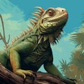 Vibrant Hyperrealistic Illustration Of A Green Iguana On A Branch