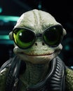 a green reptile wearing sunglasses