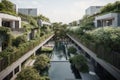 green residential complex with rooftop swimming pool and greenery