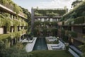 green residential complex with rooftop swimming pool and greenery