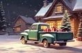 Green retro Christmas truck with gifts and a Christmas tree in the back near a decorated house in winter with snow. A holiday card Royalty Free Stock Photo