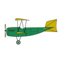 Green retro plane in cartoon style on white background