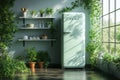 A green retro refrigerator in a kitchen with green plants and a window Royalty Free Stock Photo