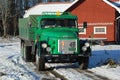 Retro Volvo truck from 1972 on snowy roads Royalty Free Stock Photo