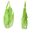Green reusable string bag woven from thread isolated on white background