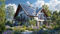 Green Revolution: Rooftop Gardens & Solar Panels Adorn Sustainable Home, generative ai Royalty Free Stock Photo