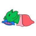 Green rhino sleeping with a thick blanket, doodle icon image kawaii Royalty Free Stock Photo